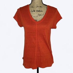 Tahari 100% Linen Shirt Womens Sz L Orange V Neck Basic Classic Quiet‎ Luxury